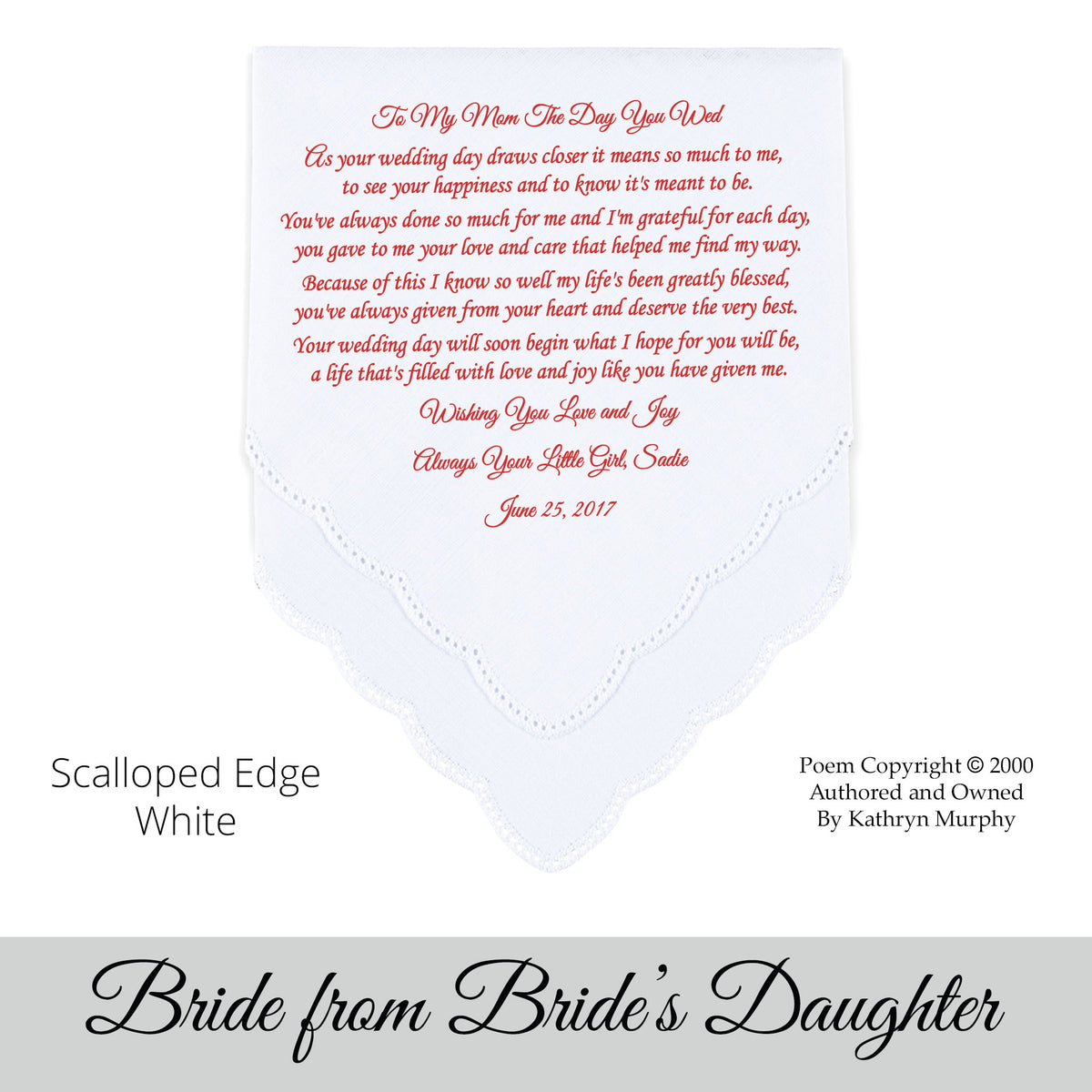 Gift for the Bride wedding hankie with the poem from her daughter or son