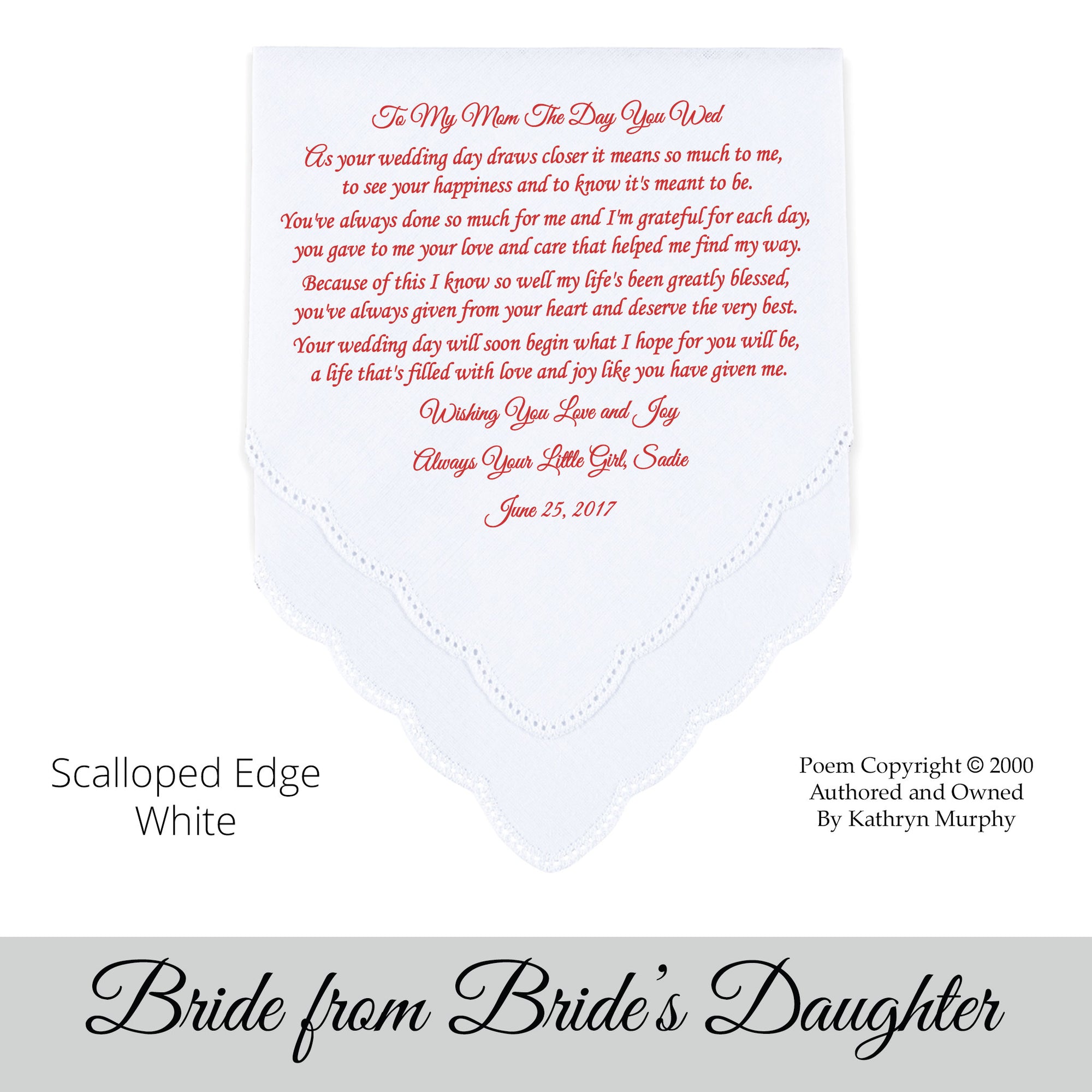 Gift for the Bride wedding hankie with the poem from her daughter or son