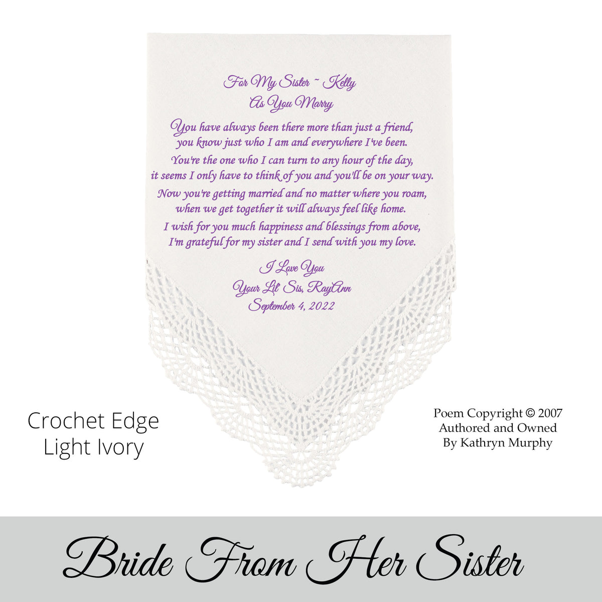 Gift for the Bride wedding hankie with the poem For My Sister As You Marry