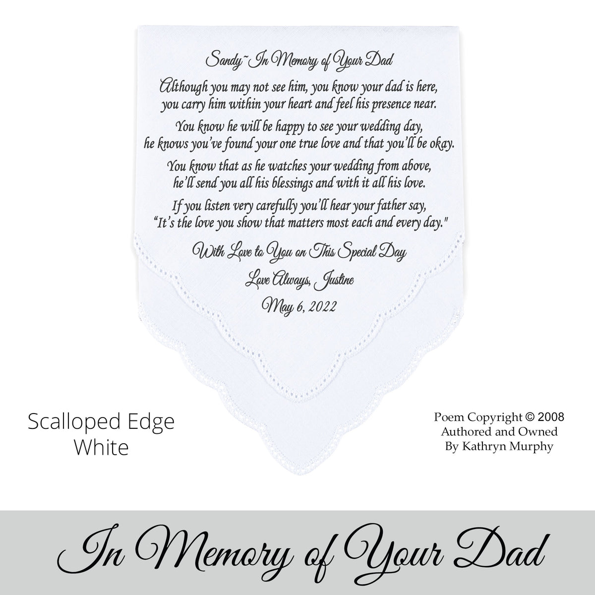 Gift for the Bride wedding hankie with the poem In Memory of your dad