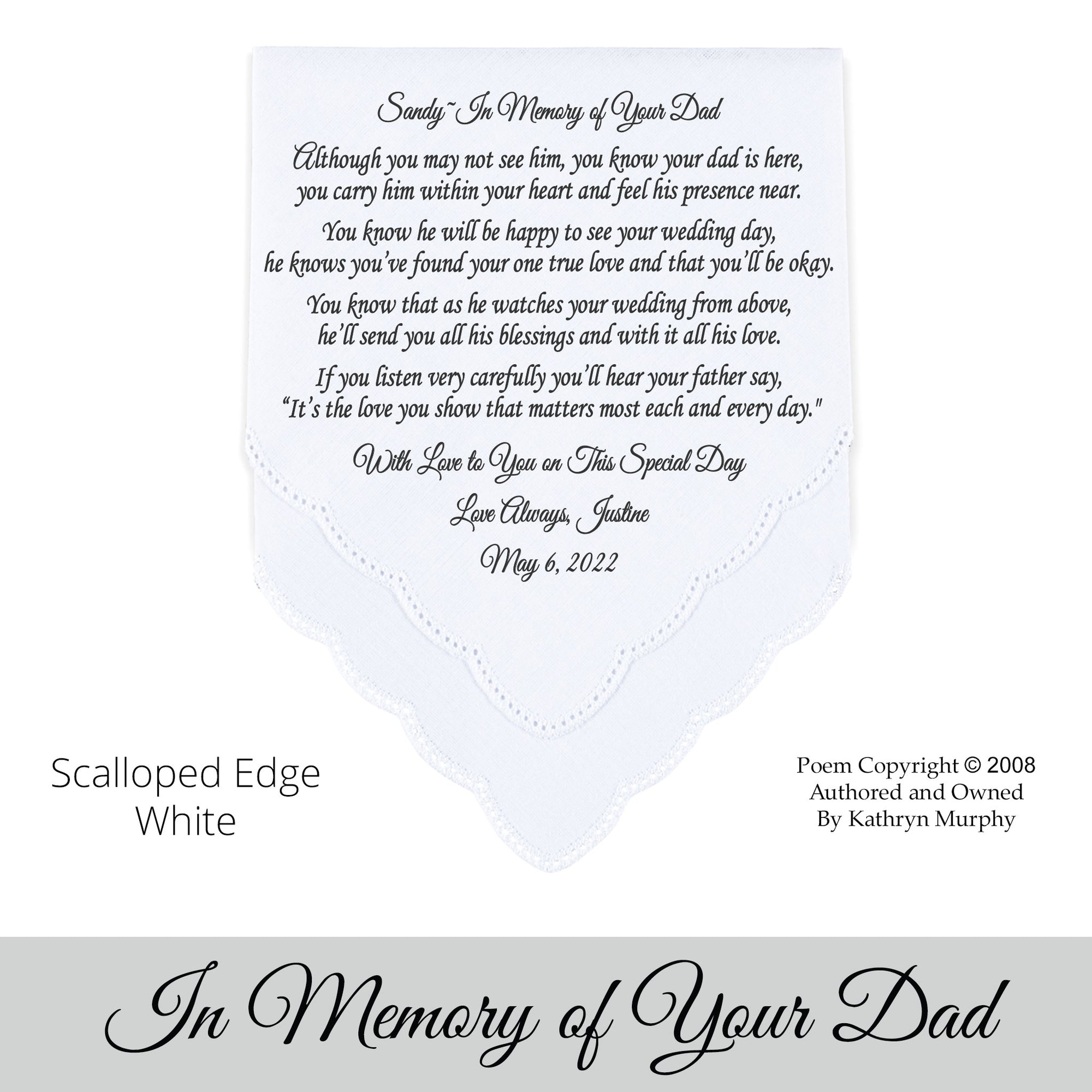 Gift for the Bride wedding hankie with the poem In Memory of your dad
