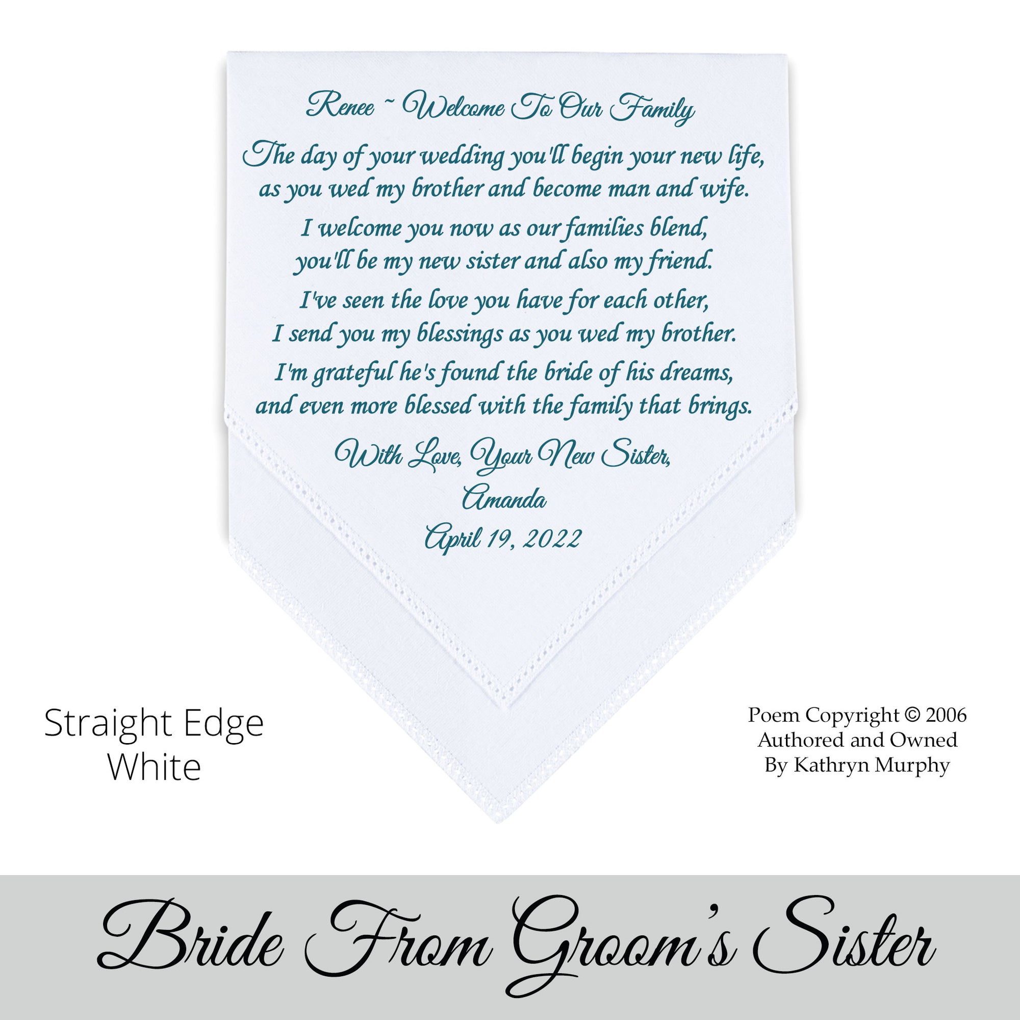 Gift for the Bride wedding hankie with the poem Welcome to the family