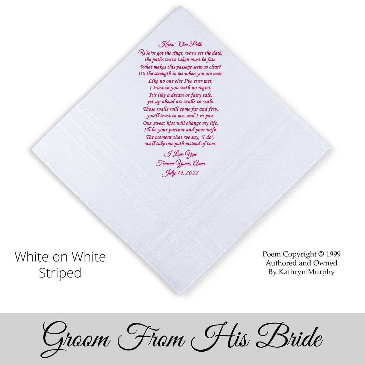 Gift for the Groom from the bride. wedding hankie with the poem Our Path