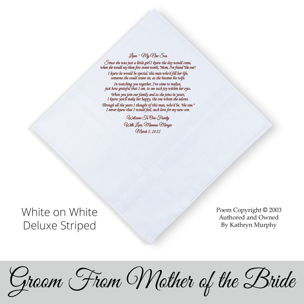 Gift for the Groom from his bride&#39;s mother. wedding hankie with the poem My New Son