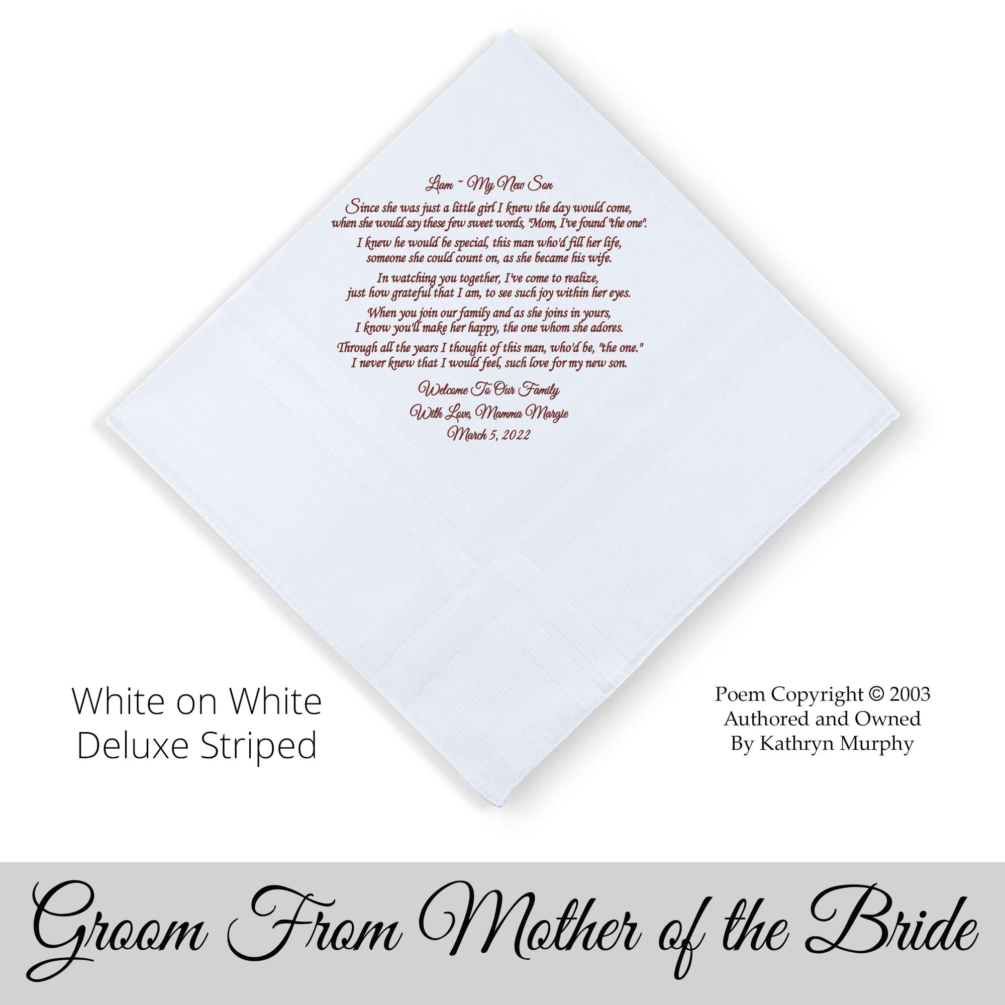 Gift for the Groom from his bride's mother. wedding hankie with the poem My New Son