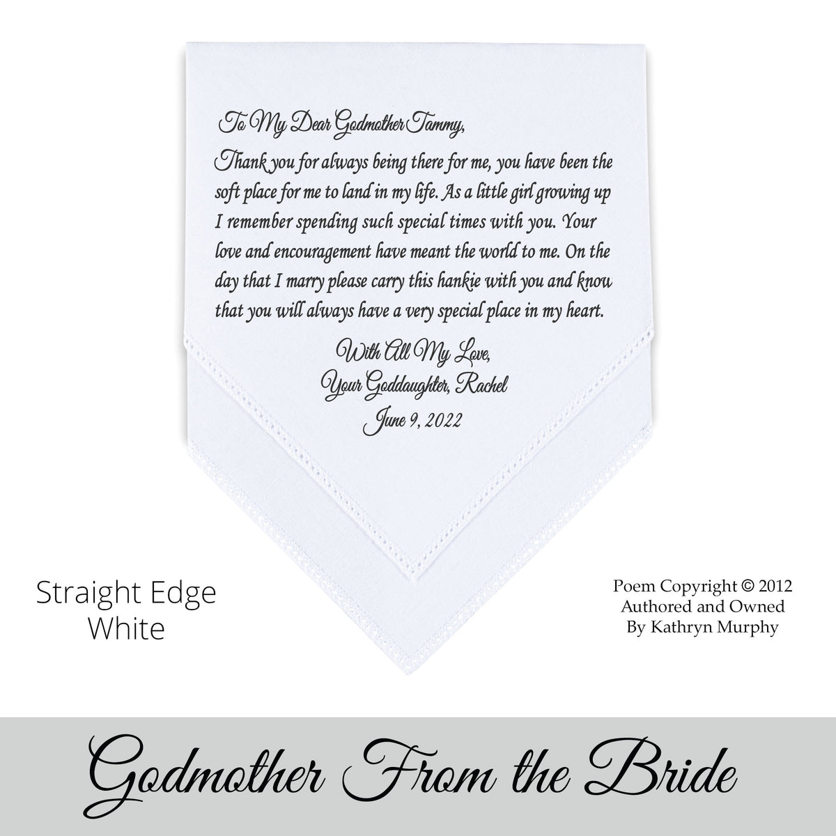 Wedding Handkerchief Scalloped edge white personalized printed letter for the Godmother of the bride