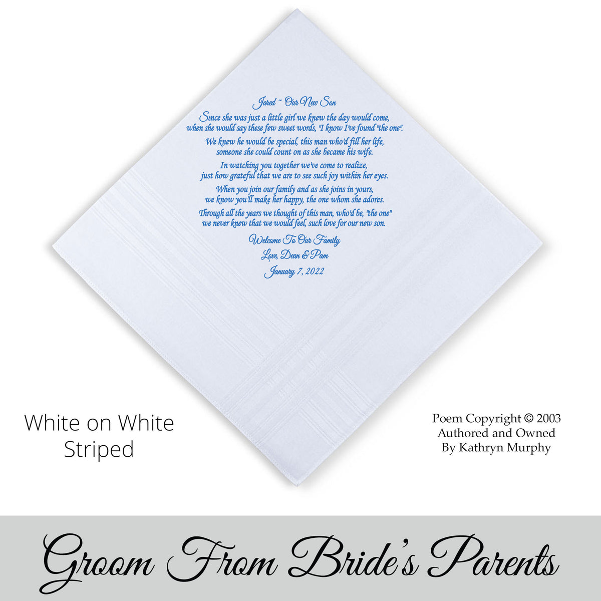 Gift for the Groom from his bride&#39;s parents. wedding hankie with the poem Our New Son