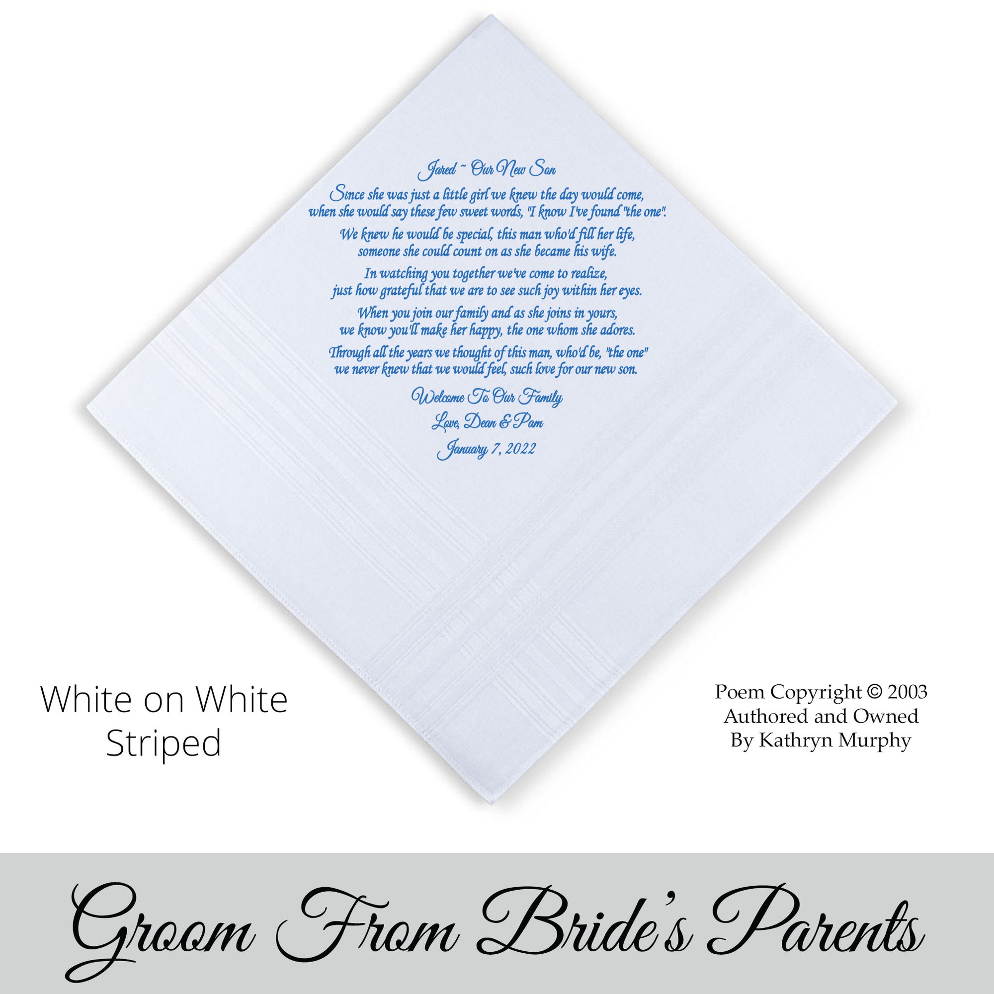 Gift for the Groom from his bride's parents. wedding hankie with the poem Our New Son