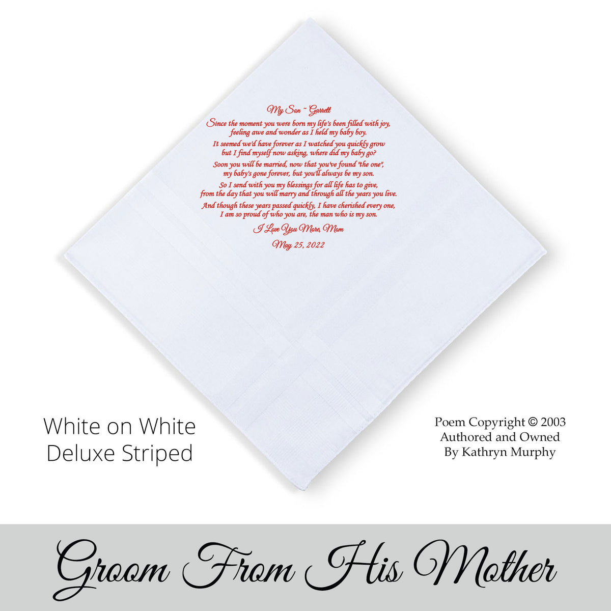 Gift for the Groom from his mom wedding hankie with the poem Your New Life