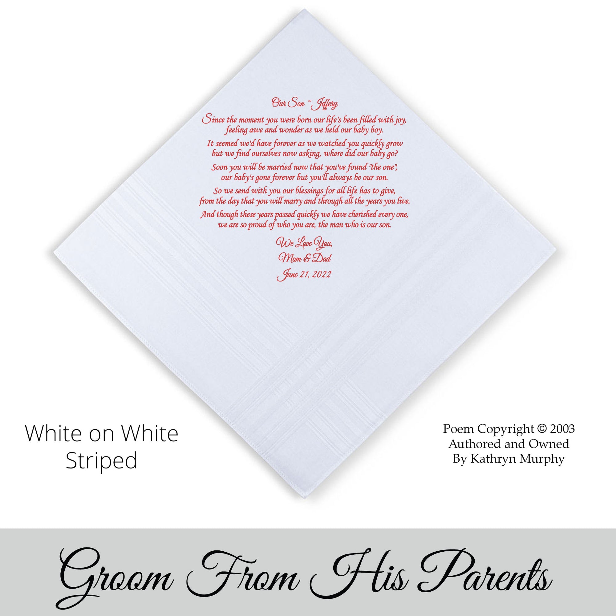 Gift for the Groom wedding hankie with the poem Our Son
