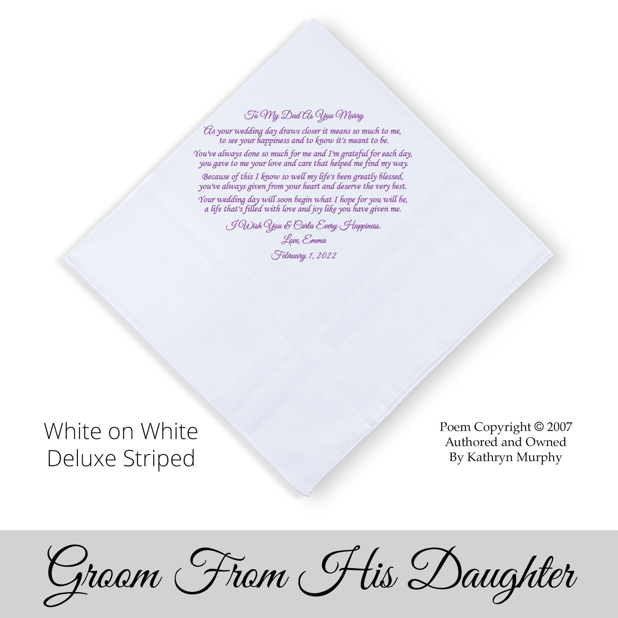 Gift for the Bride wedding hankie with the poem To My Dad As You Wed