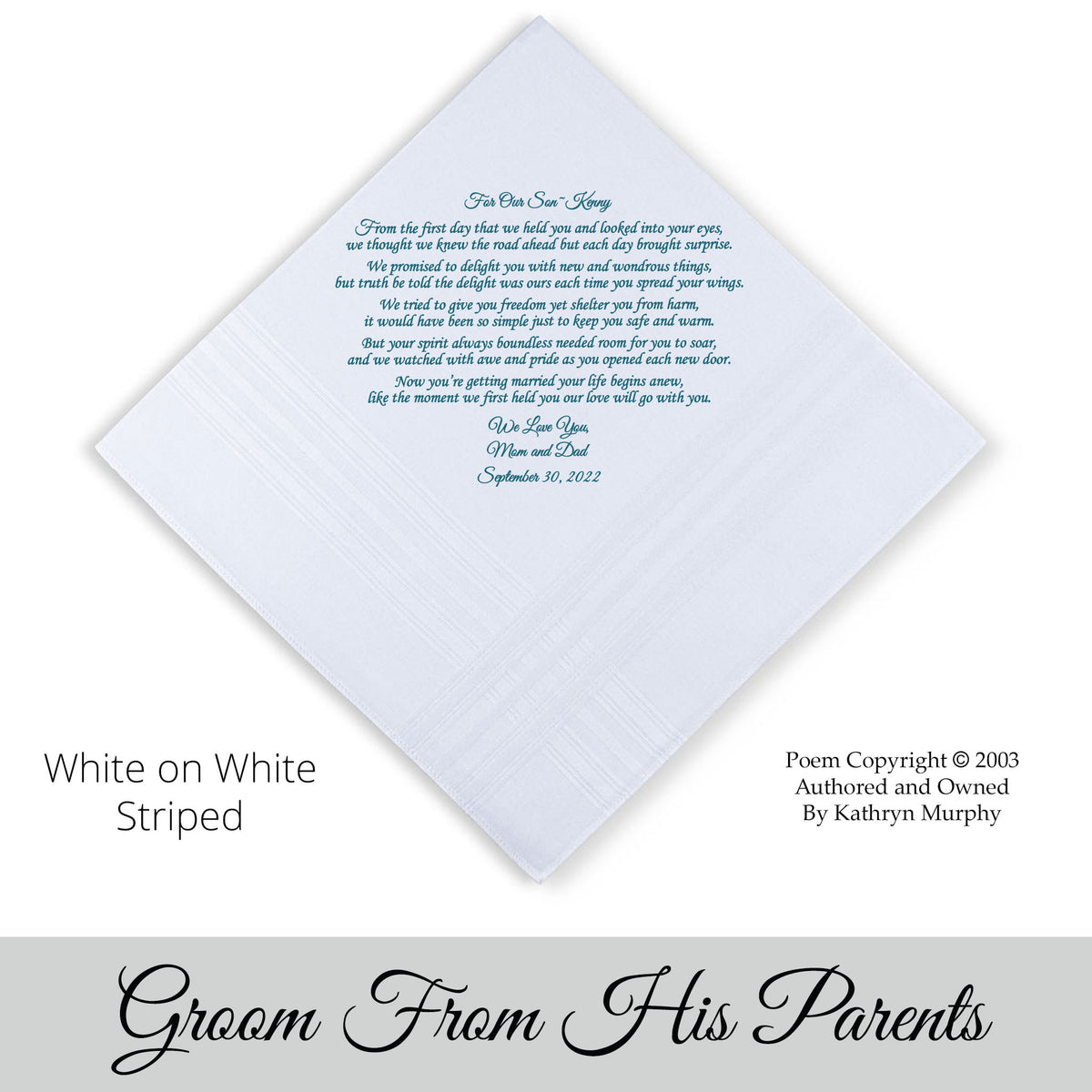 Personalized printed Handkerchief for the groom from his parents &quot;For Our Son&quot; 