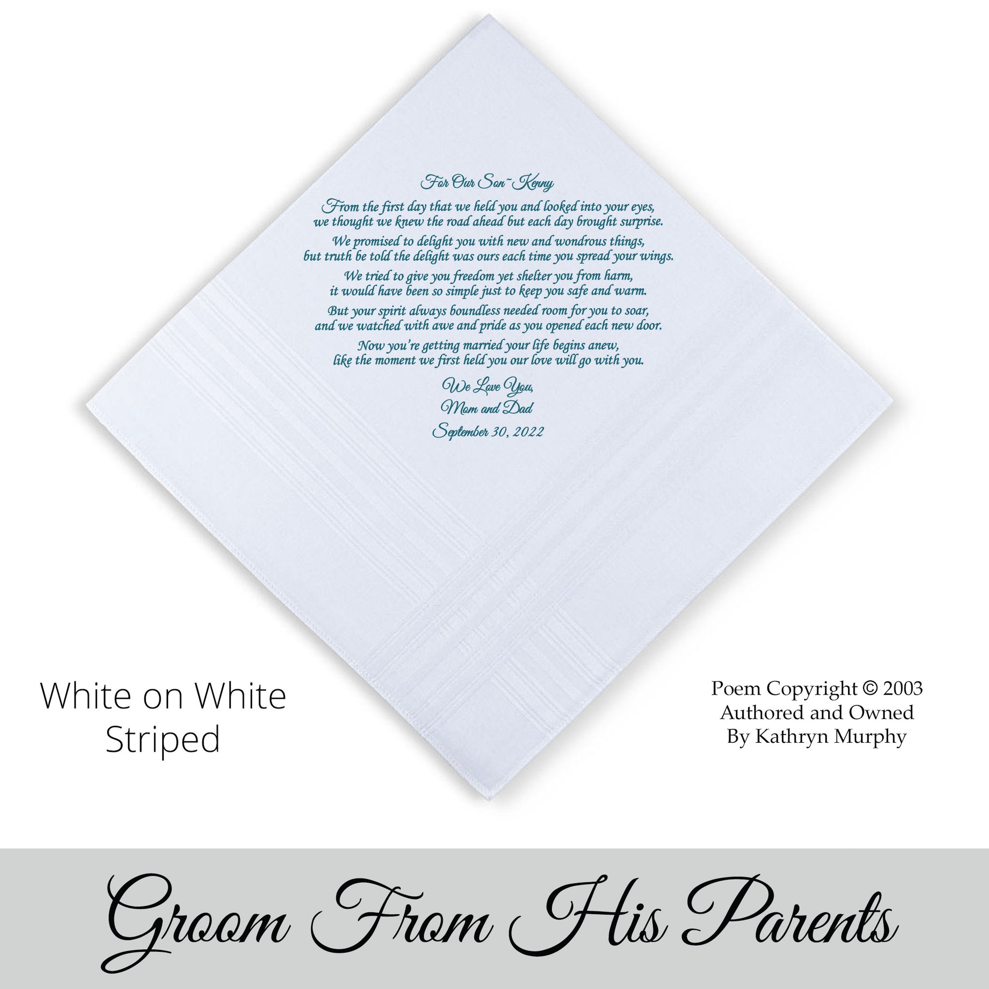 Personalized printed Handkerchief for the groom from his parents "For Our Son" 