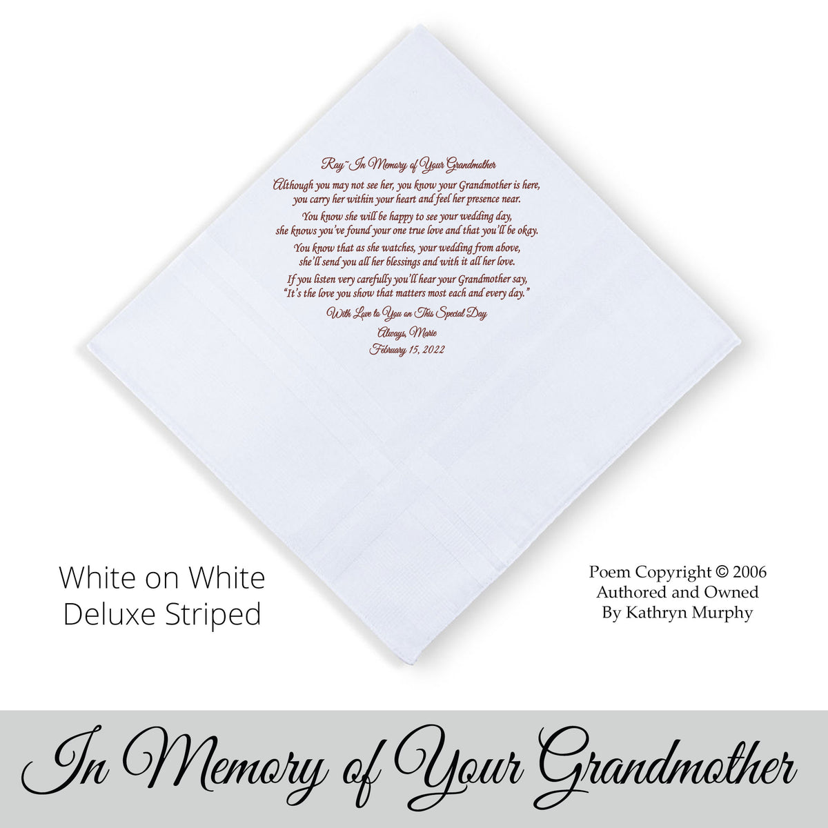 Gift for the Groom from loved one. wedding hankie with the poem In Memory of Your Granmdmother