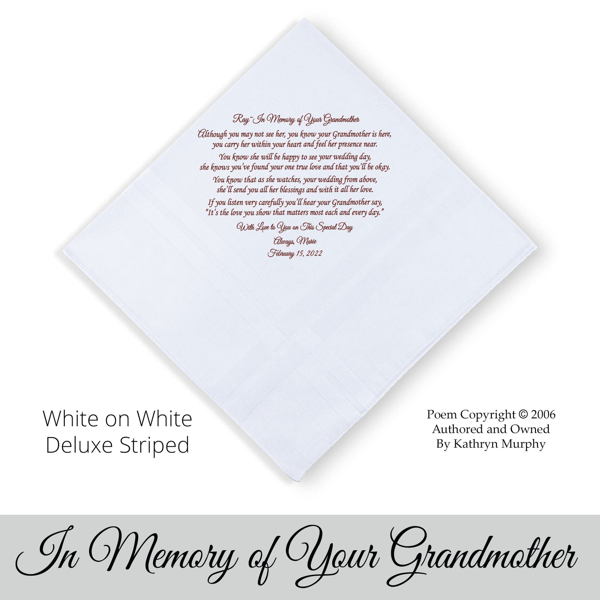 Gift for the Groom from loved one. wedding hankie with the poem In Memory of Your Granmdmother