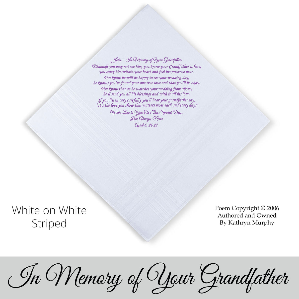 Gift for the Groom from loved one. wedding hankie with the poem In Memory of your grandfather
