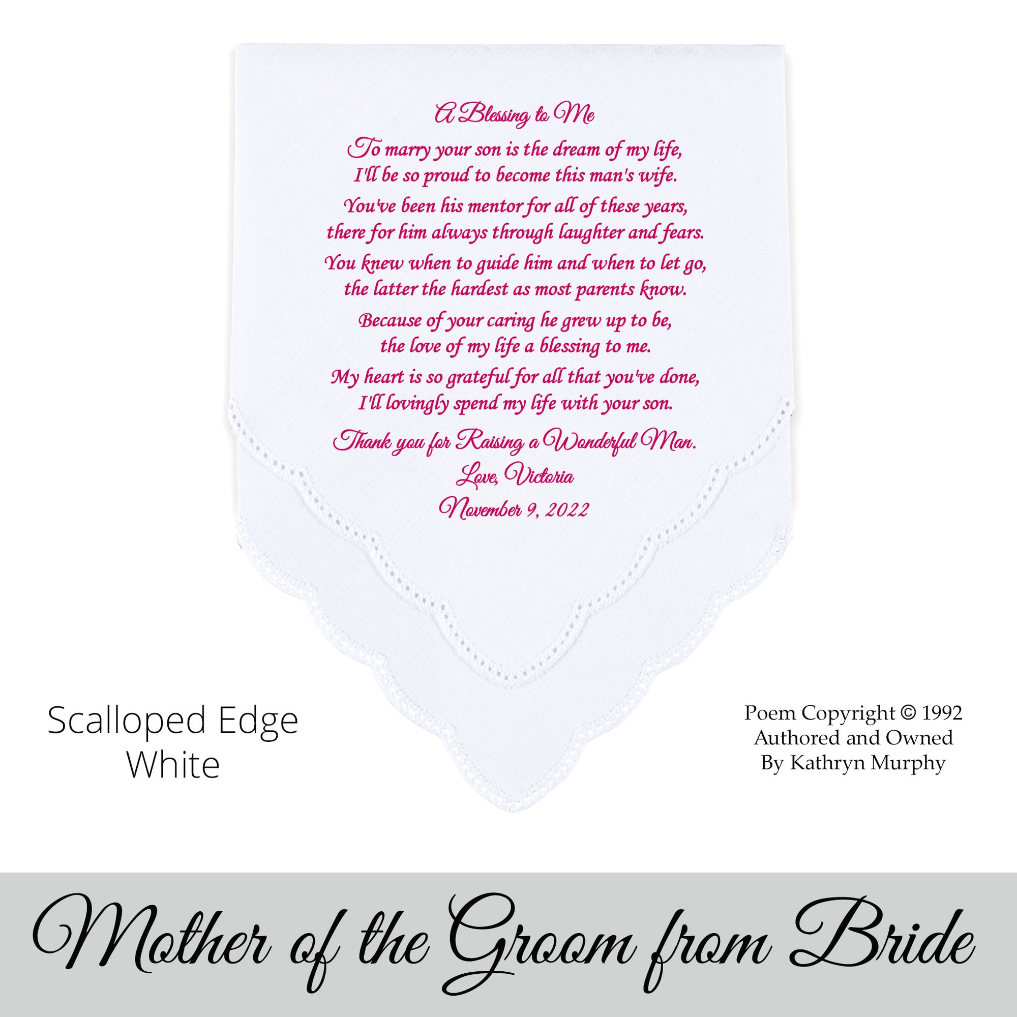 gift for the mother of the groom Wedding Hankie with printed poem from the bride 