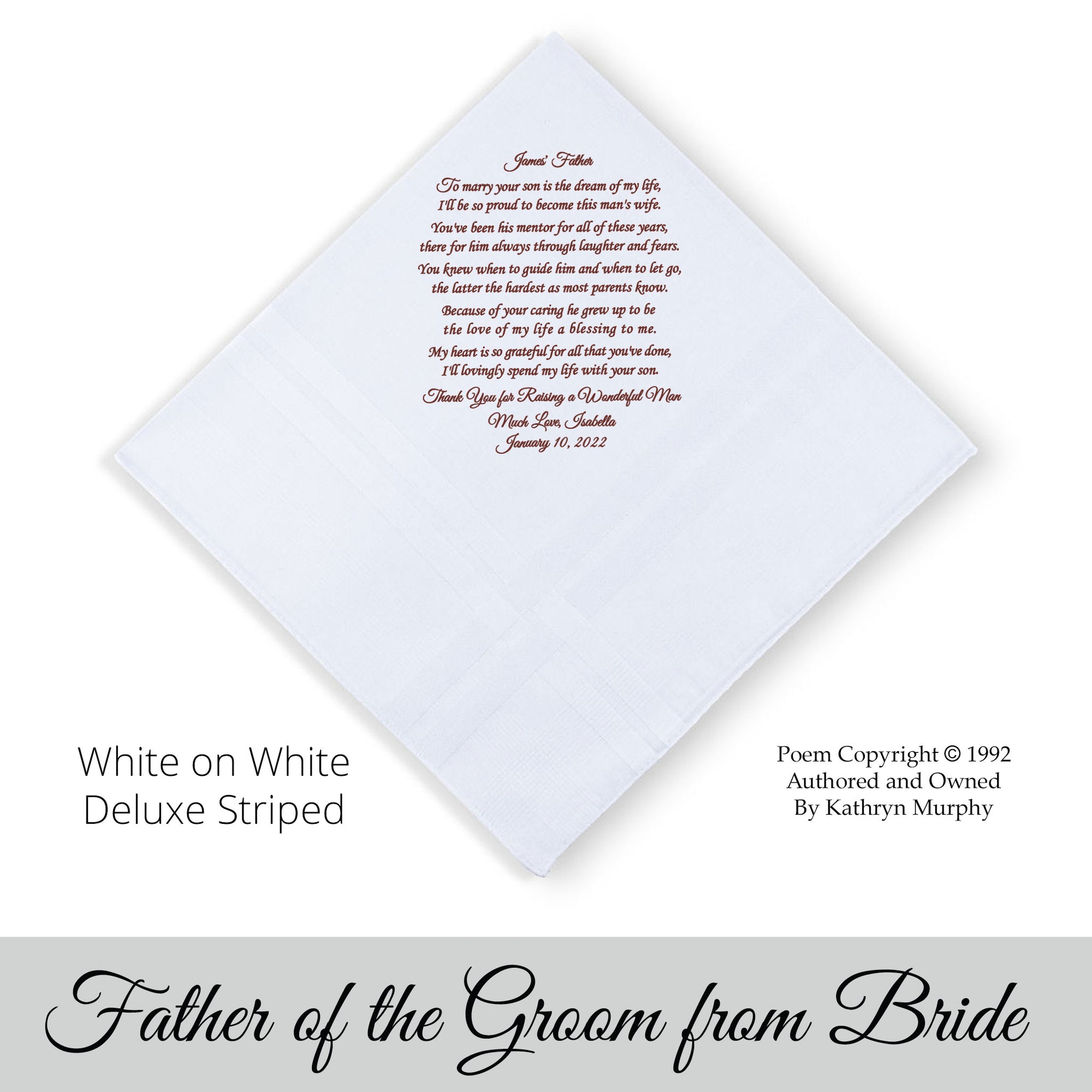 Poem Printed Wedding Hankie for Father of the Groom from Bride "Dream of My Life"