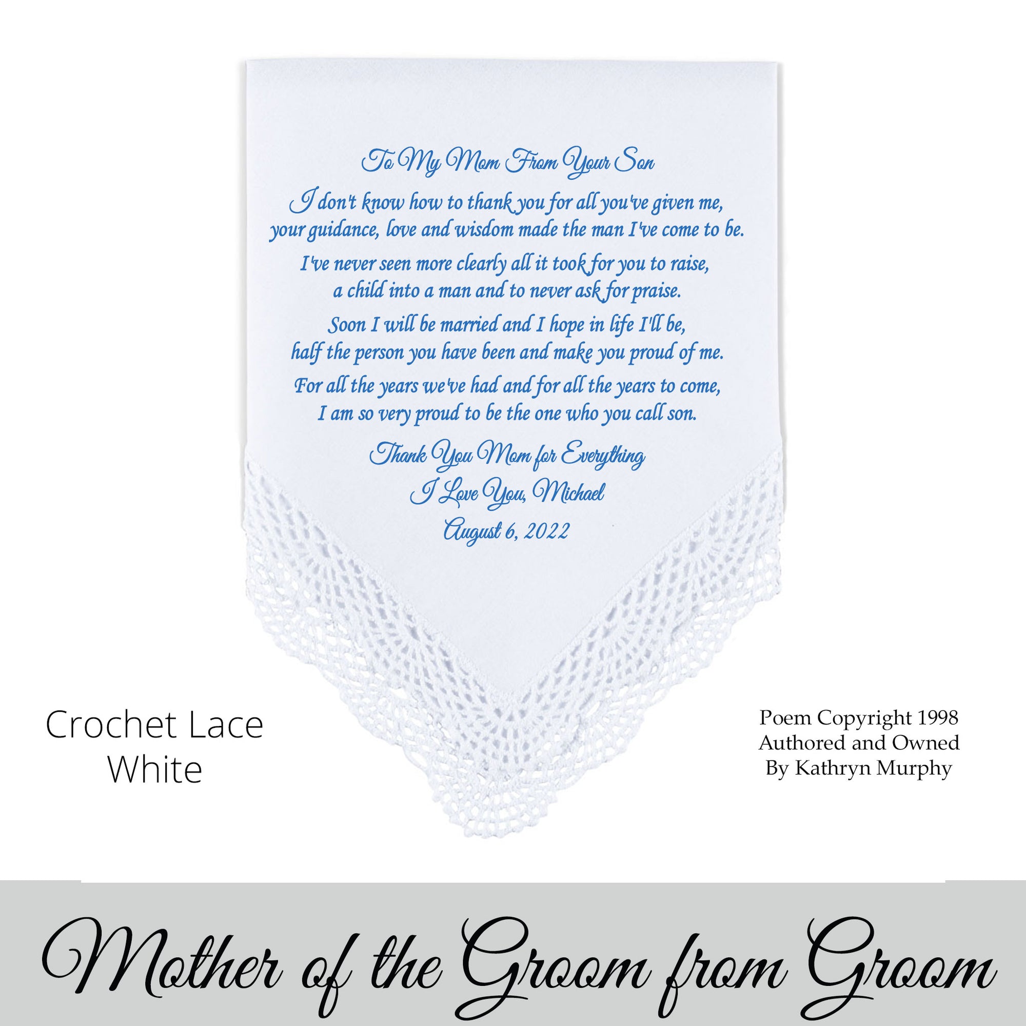 Gift for the parents of the groom. Poem printed wedding hankie 