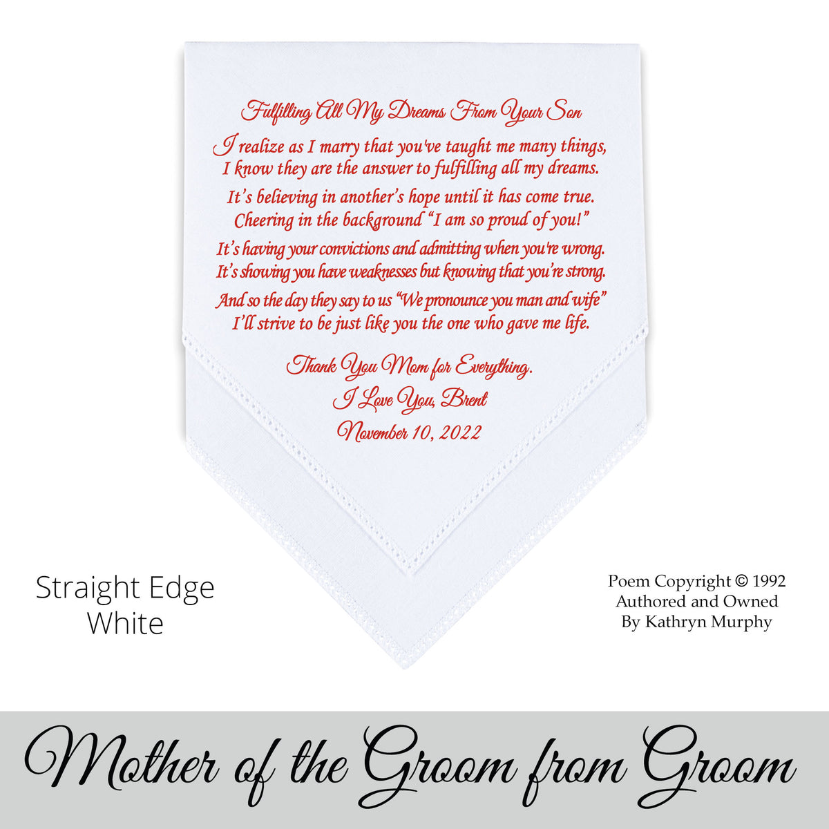 gift for the mother of the groom Wedding Hankie with printed poem from the groom