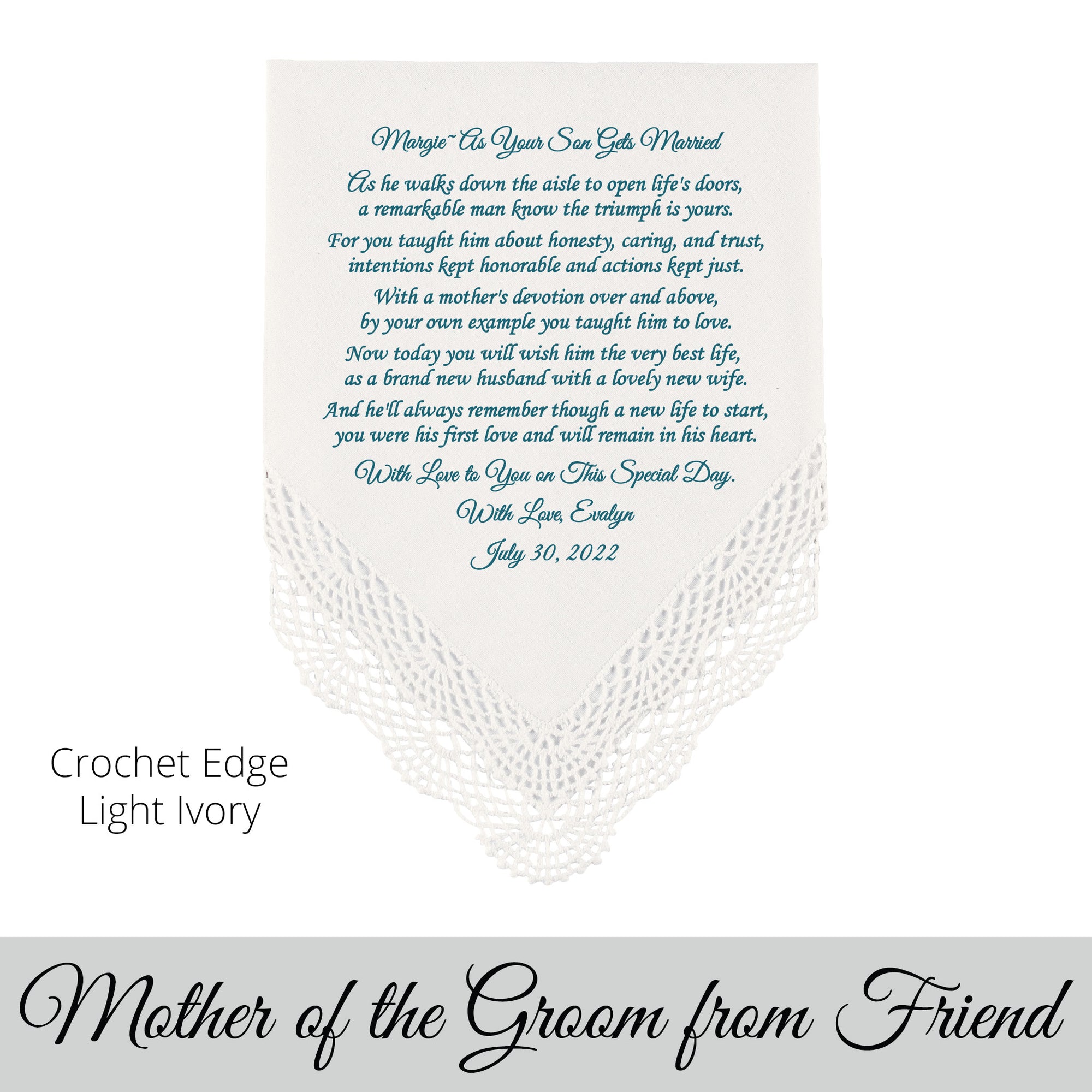 gift for the mother of the groom Wedding Hankie with printed poem from a friend