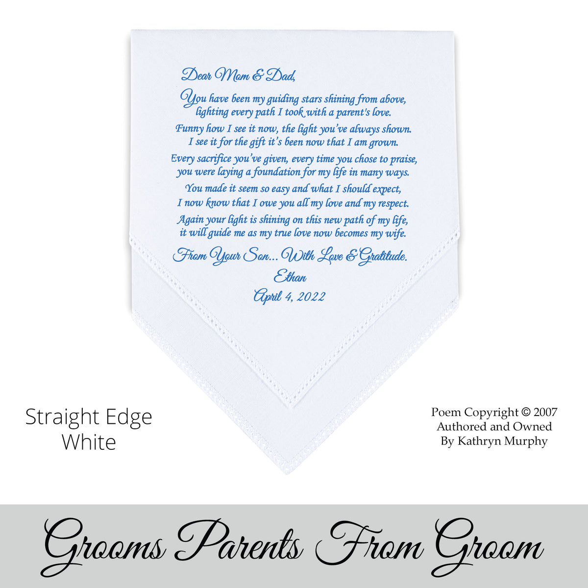 Poem Printed Wedding Hankie for the Mother and Father of the Groom from the Groom &quot;Guiding Stars&quot;