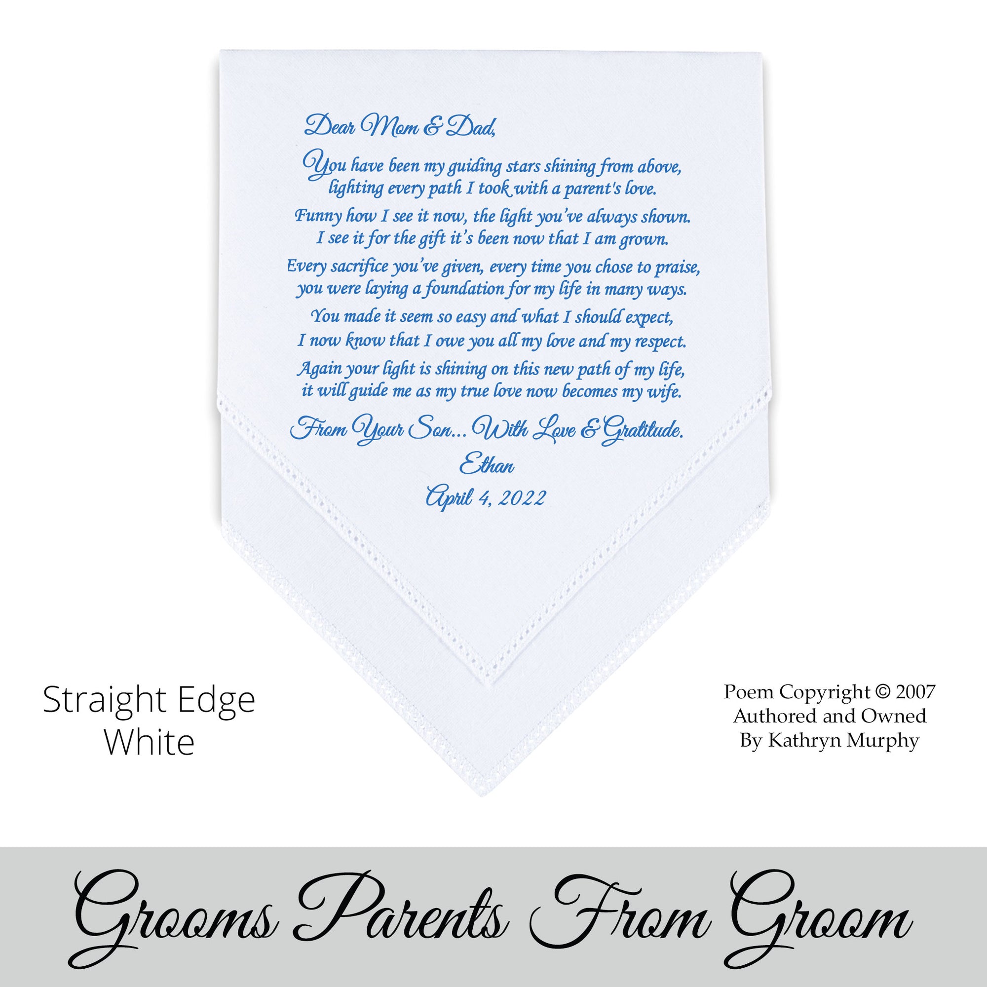 Poem Printed Wedding Hankie for the Mother and Father of the Groom from the Groom "Guiding Stars"