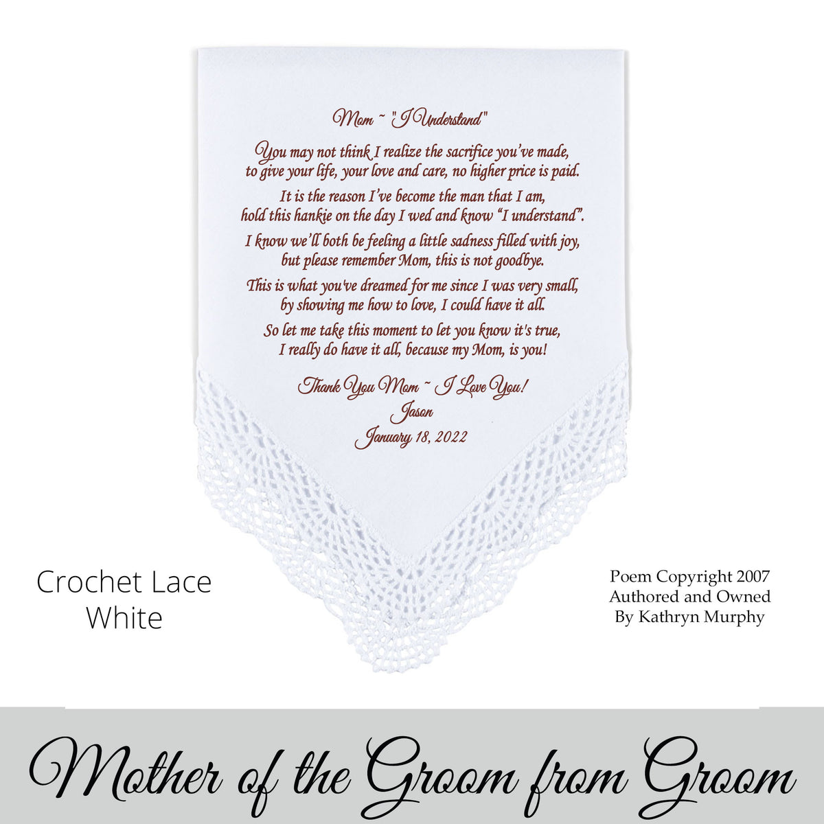gift for the mother of the groom Wedding Hankie with printed poem