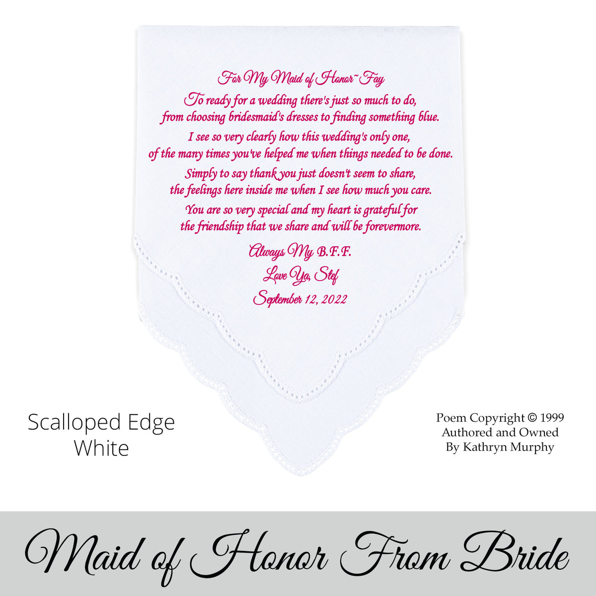 Gift for the maid of honor poem printed wedding hankie