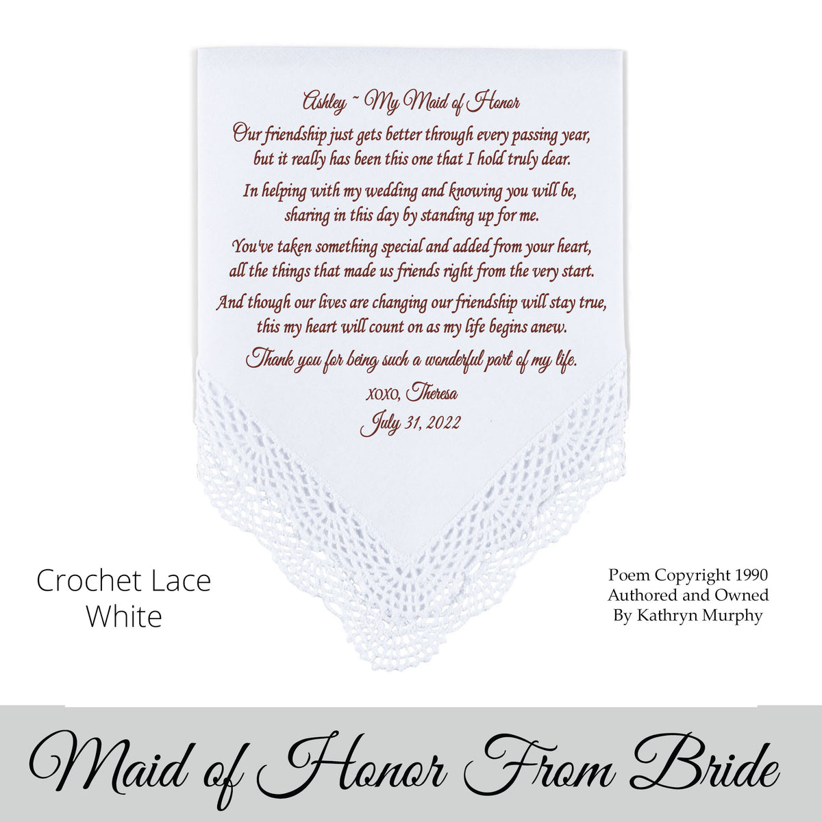 gift for the maid of honor poem printed wedding hankie 