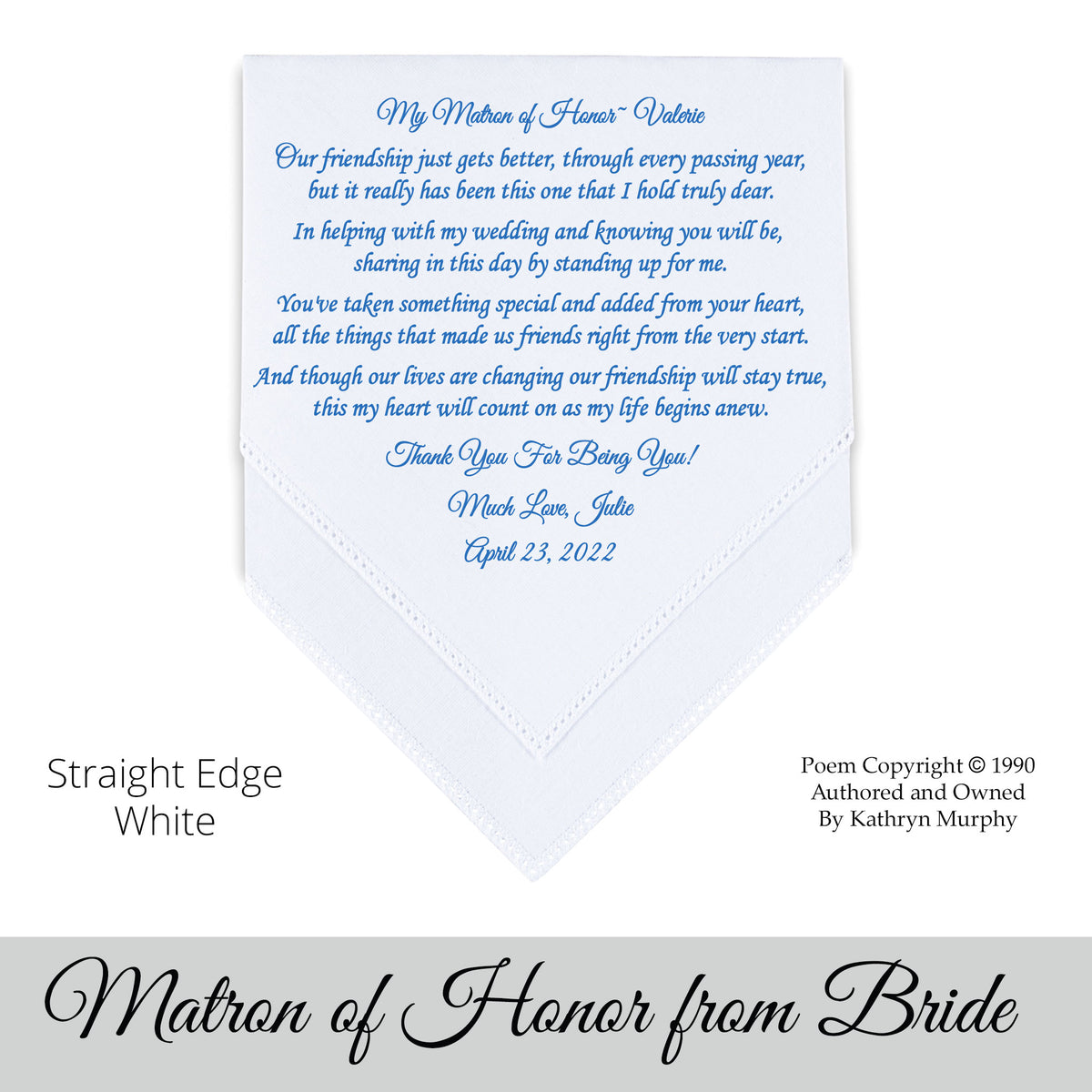 Gift for the matron of honor of bride poem printed wedding hankie