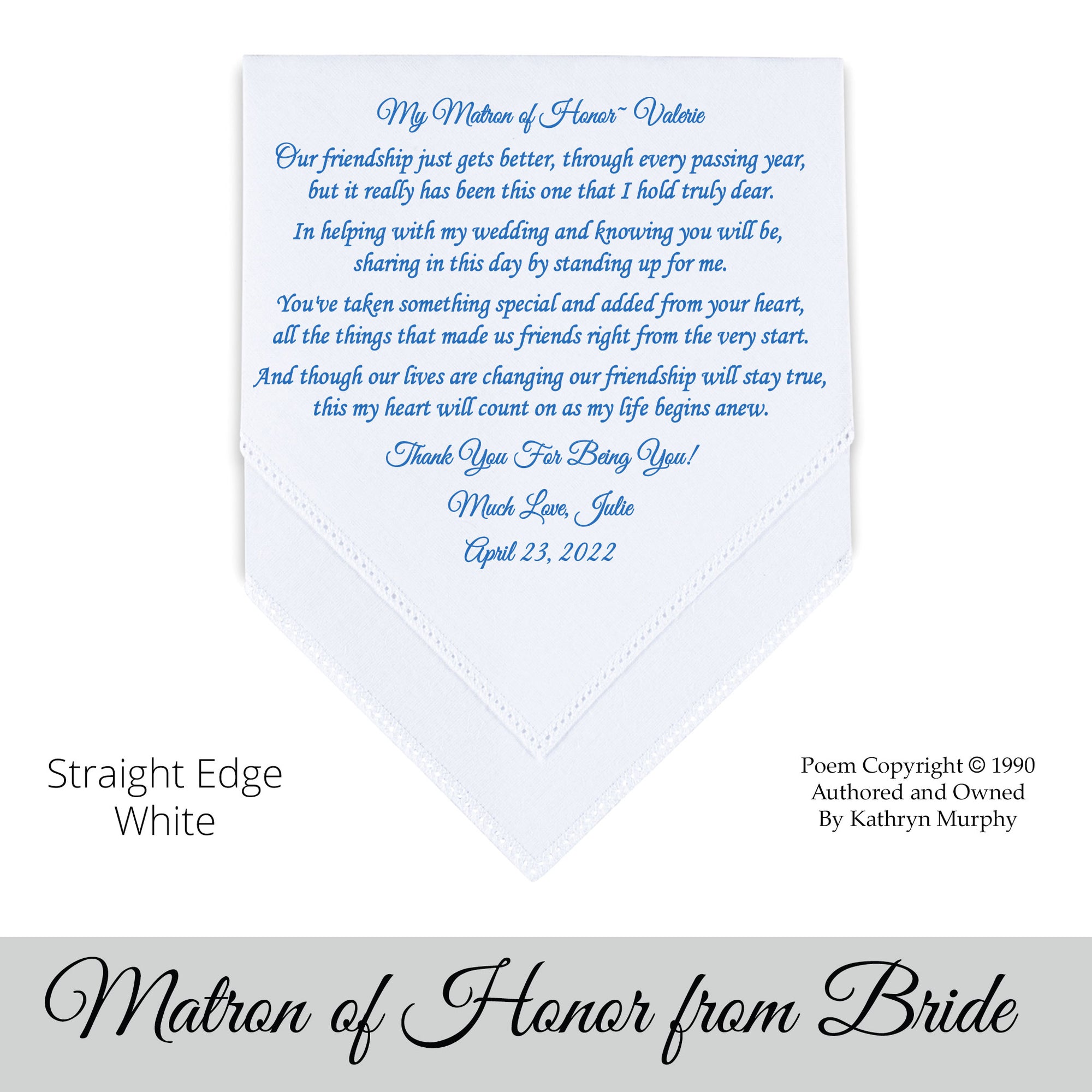 Gift for the matron of honor of bride poem printed wedding hankie