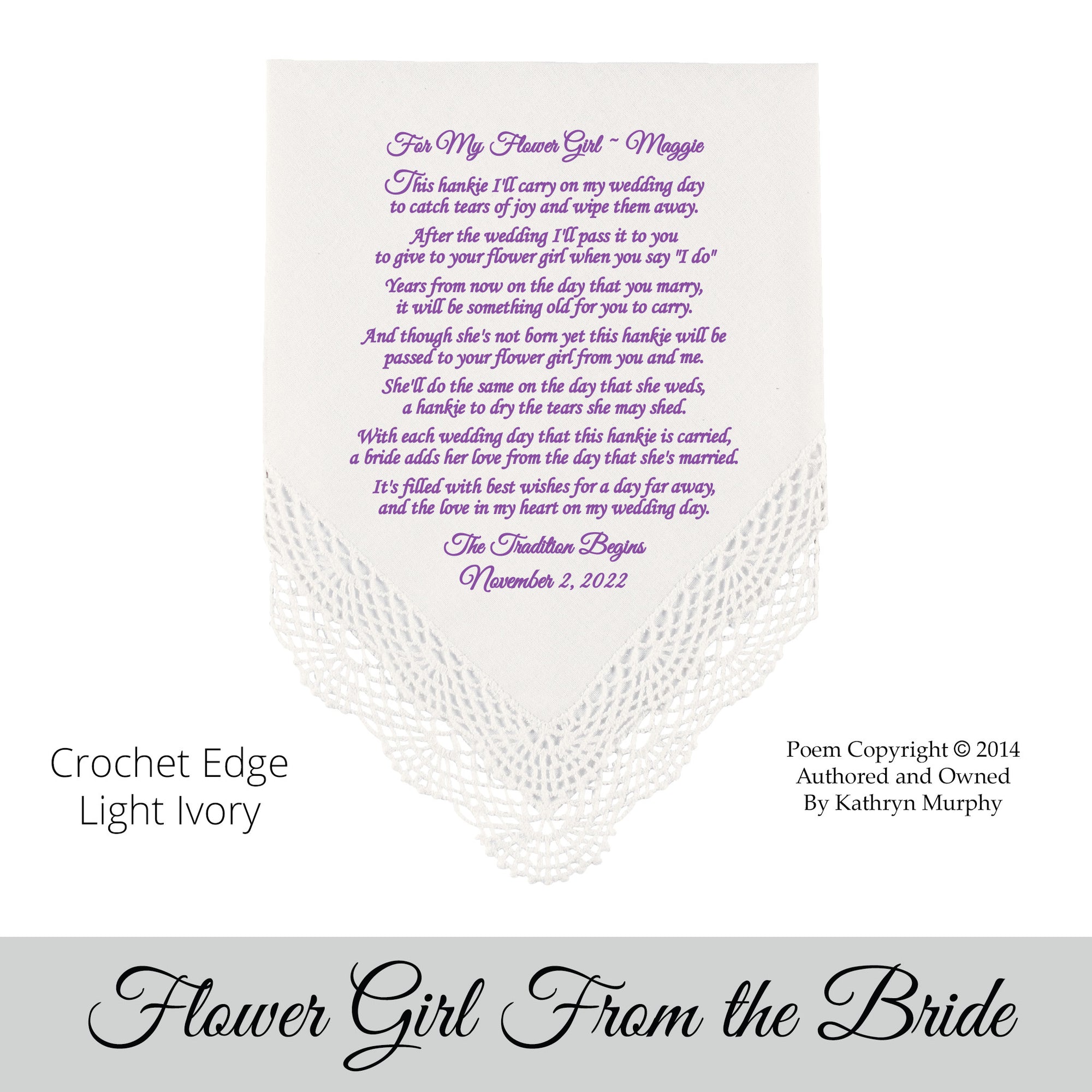 gift for the flower girl printed wedding hankie with poem