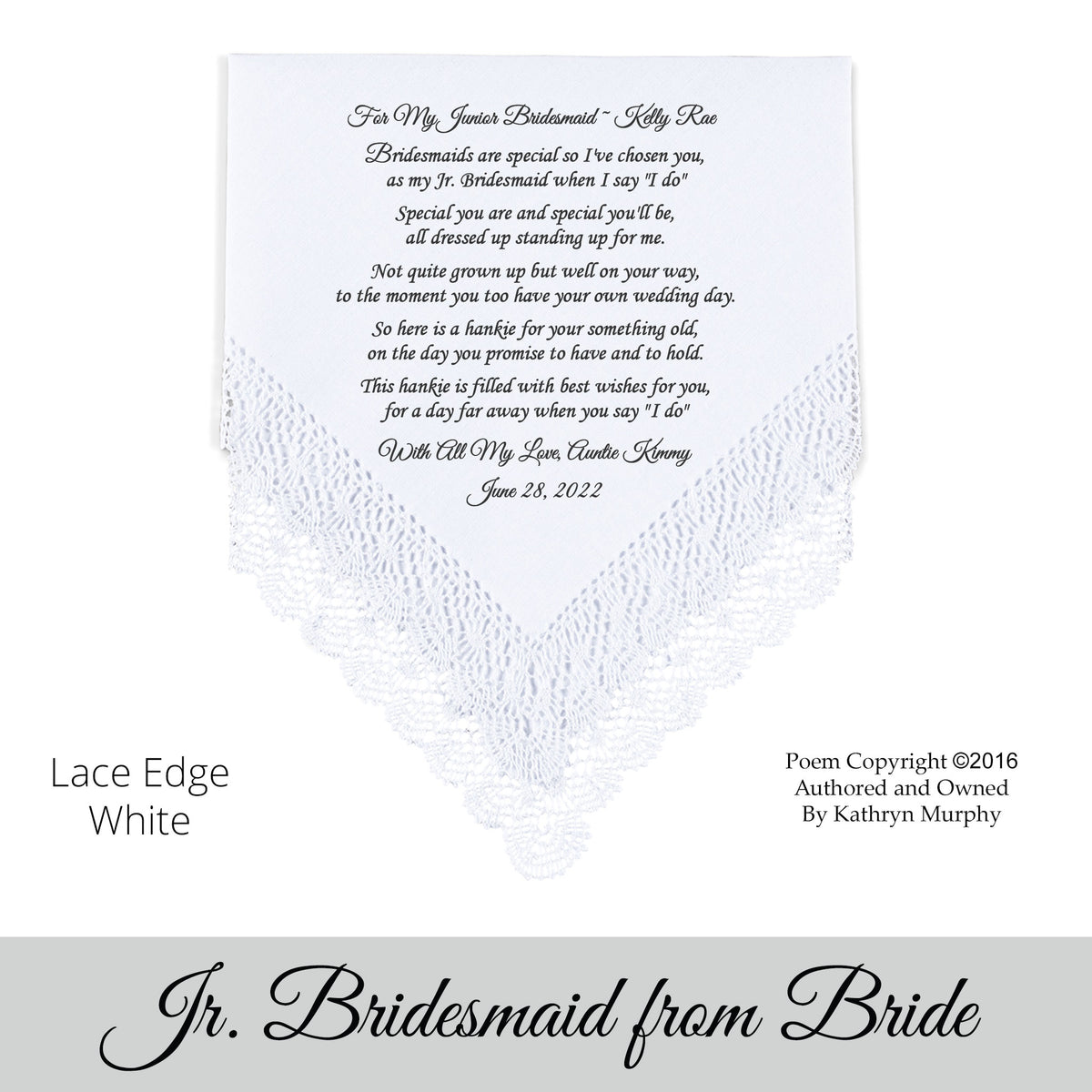 gift for the Jr. Bridesmaid. Poem printed wedding hankie