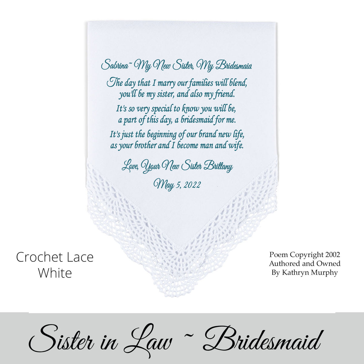 Gift for the sister in law bridesmaid poem printed wedding hankie