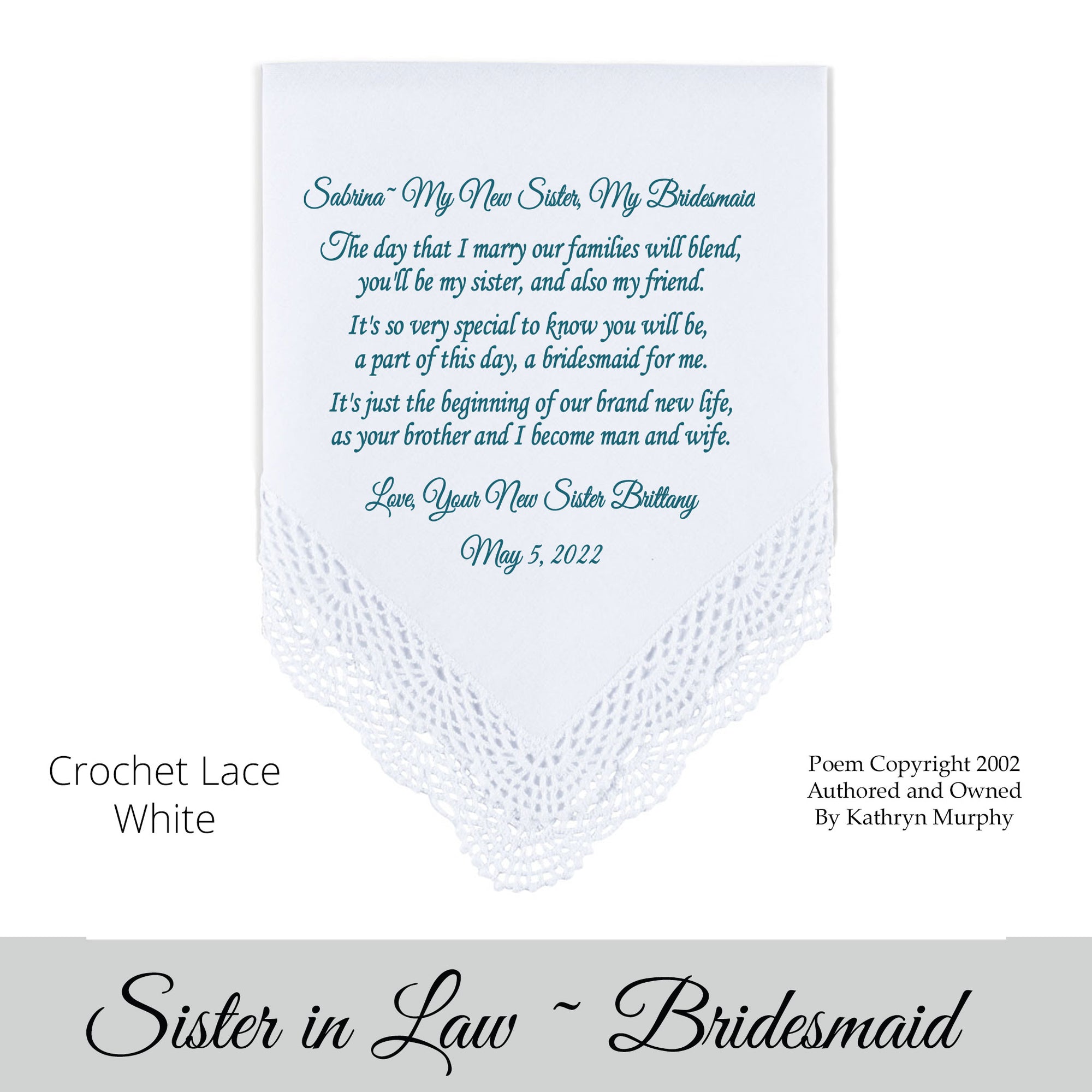 Gift for the sister in law bridesmaid poem printed wedding hankie