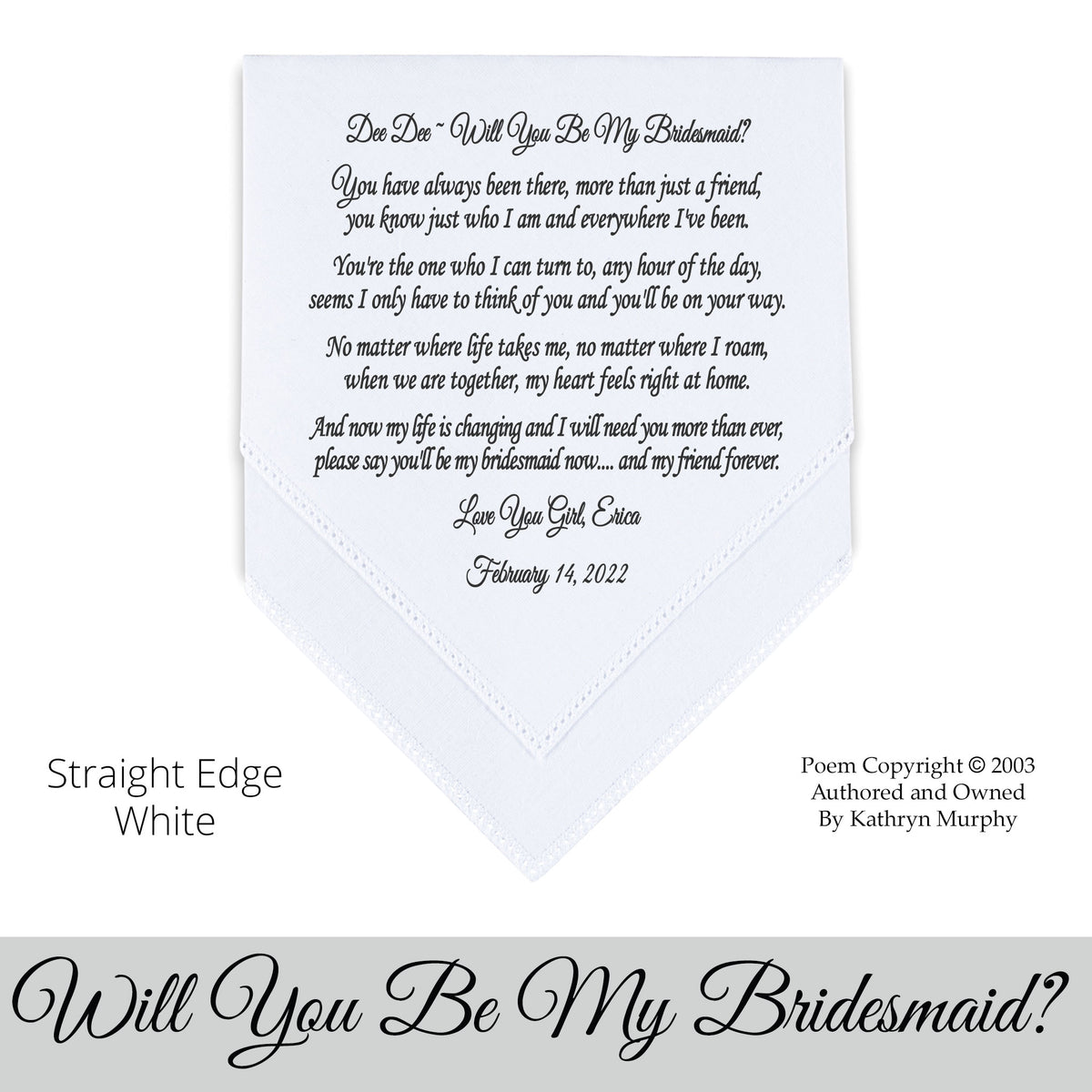gift for the bridesmaid personalized poem printed wedding hankie