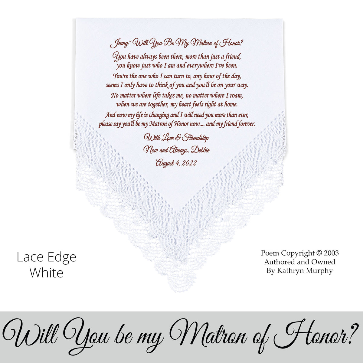 Gift for the matron of honor poem printed wedding hankie