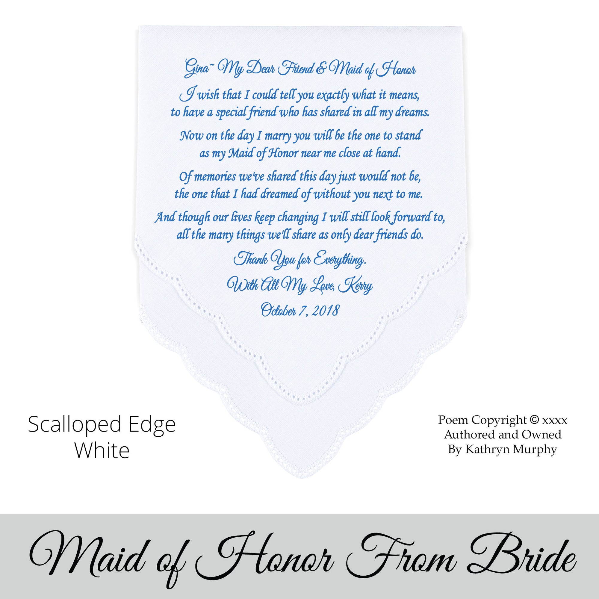 Gift for the maid of honor poem printed wedding hankie