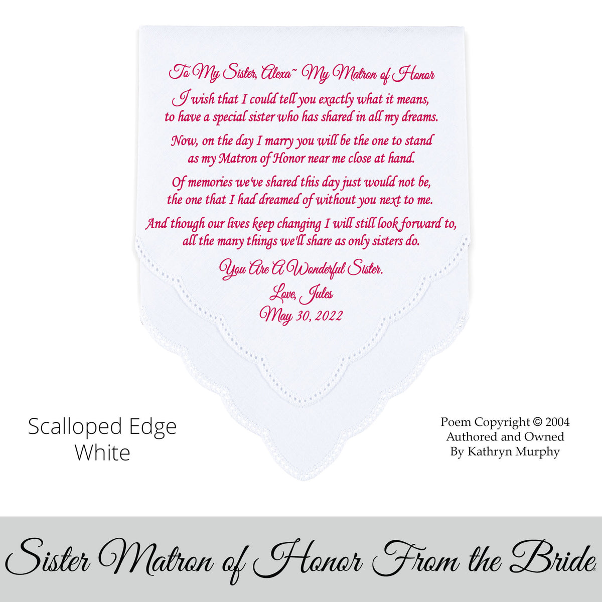 Gift for the sister of the bride matron of honor poem printed wedding hankie