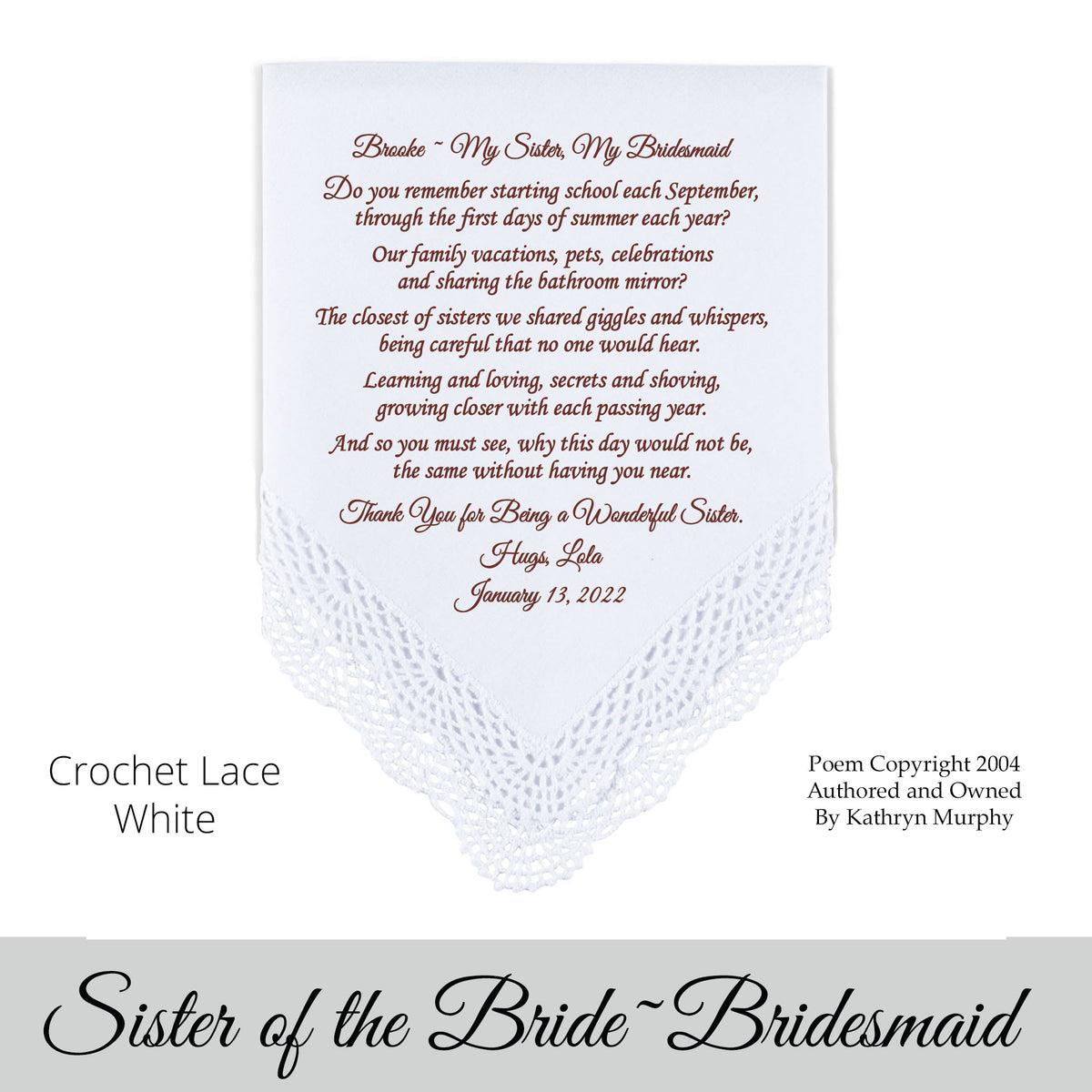 Gift for the sister of the bride bridesmaid poem printed wedding hankie