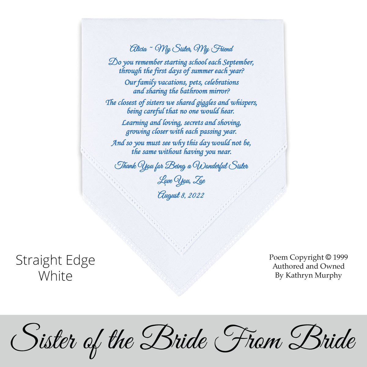 Gift for the sister of the bride poem printed wedding hankie