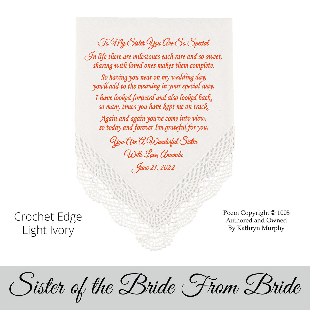 Gift for the sister of the bride poem printed wedding hankie