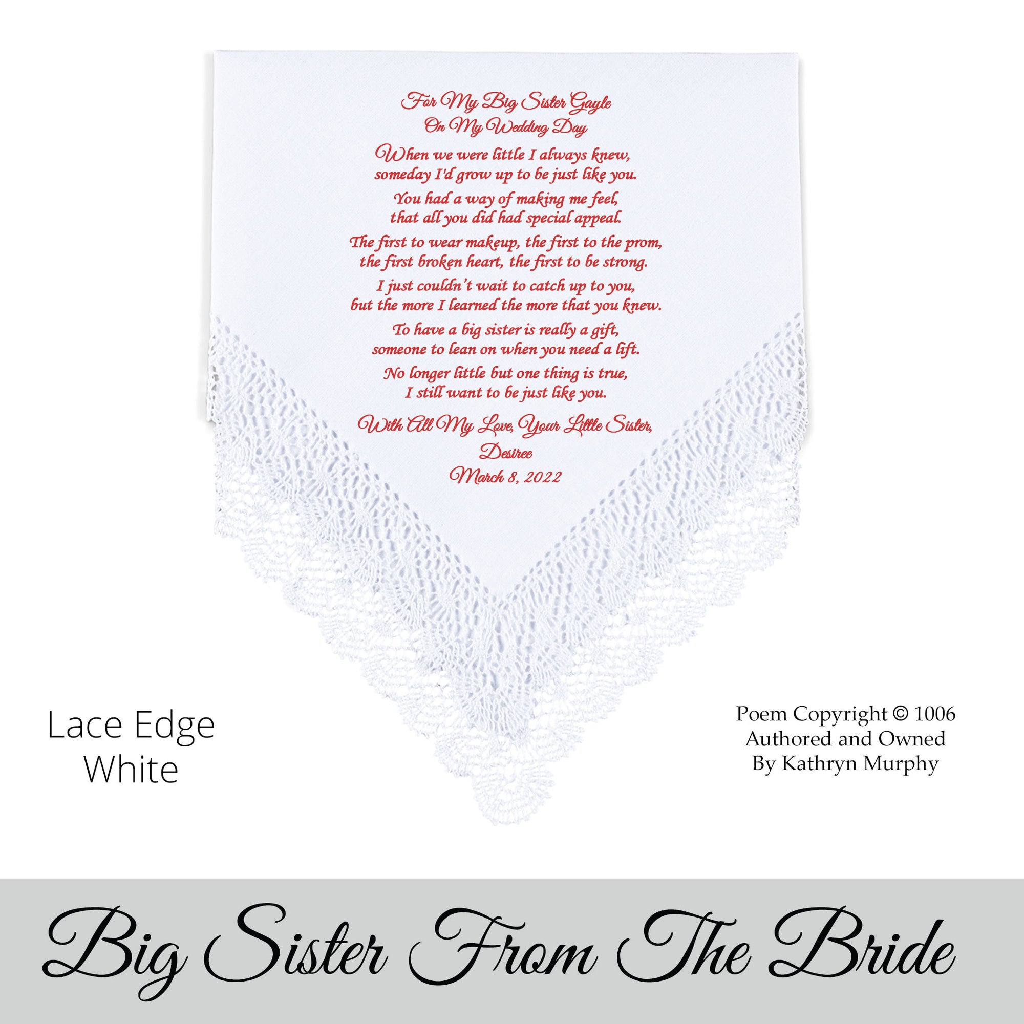 Gift for the sister of the bride poem printed wedding hankie