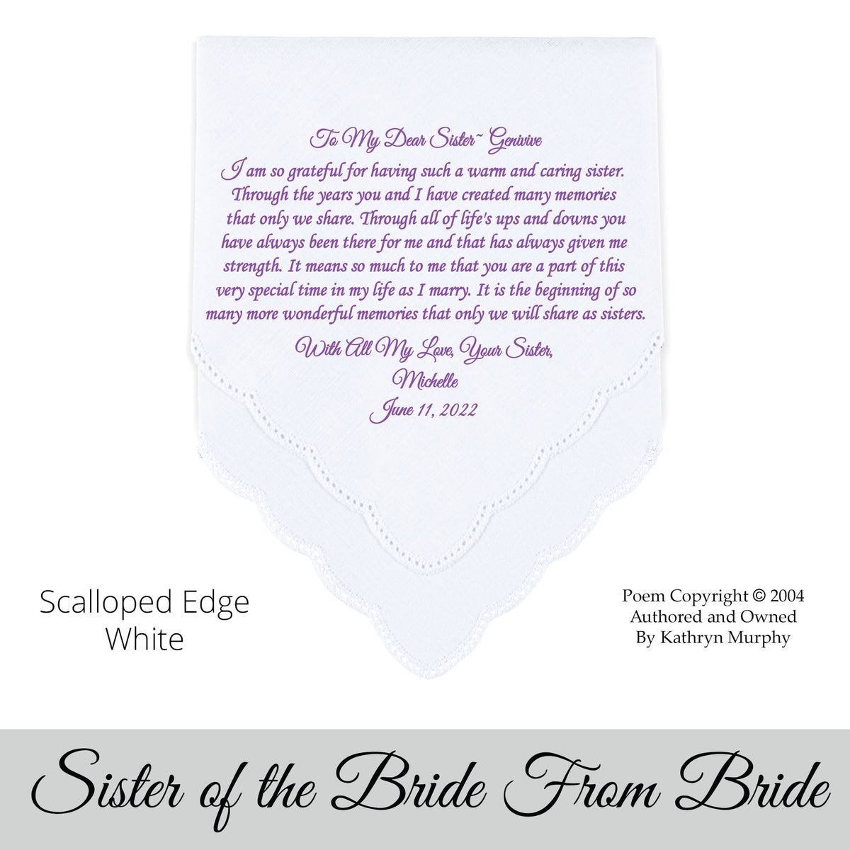 Gift for the sister of the bride poem printed wedding hankie