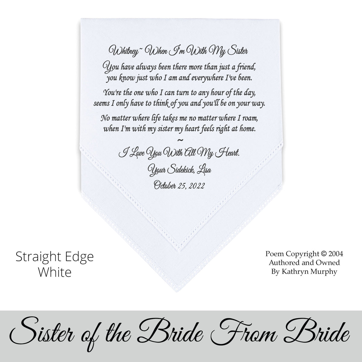 Gift for the sister of the bride poem printed wedding hankie