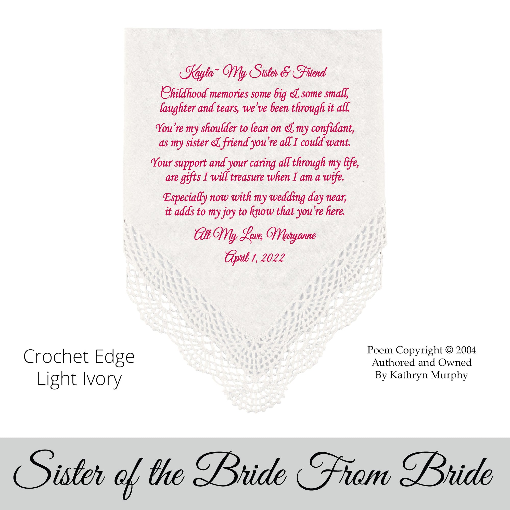 Gift for the sister of the bride poem printed wedding hankie