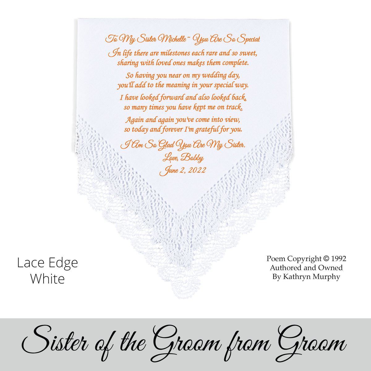 Gift for the sister of the groom poem printed wedding hankie