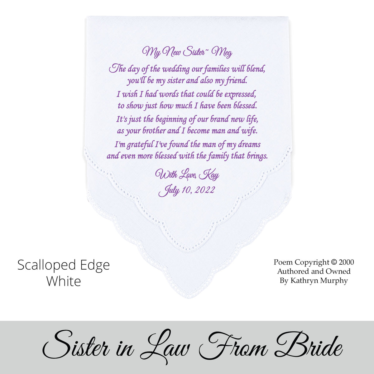 Gift for the sister in law of the bride poem printed wedding hankie