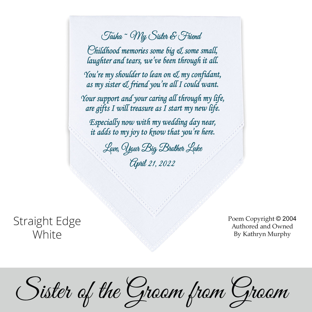 Gift for the sister of the groom poem printed wedding hankie